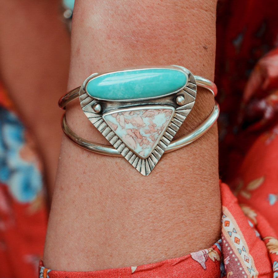 Double Trouble Cuff #1 - Campitos Turquoise & Cotton Candy Agate